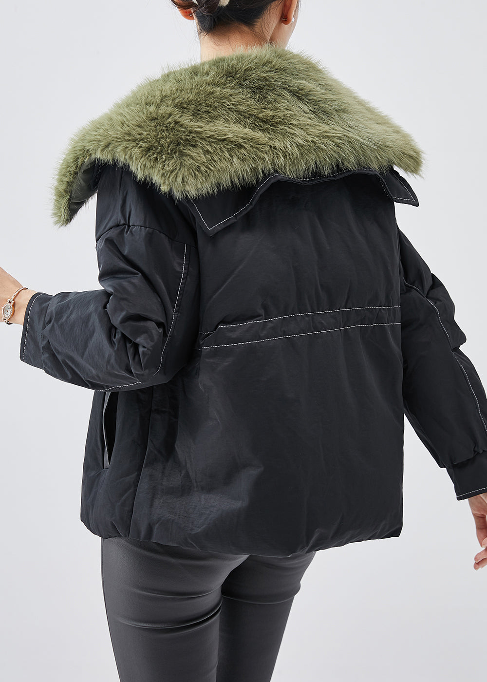 Black Fur Collar Patchwork Fine Cotton Filled Witner Coats