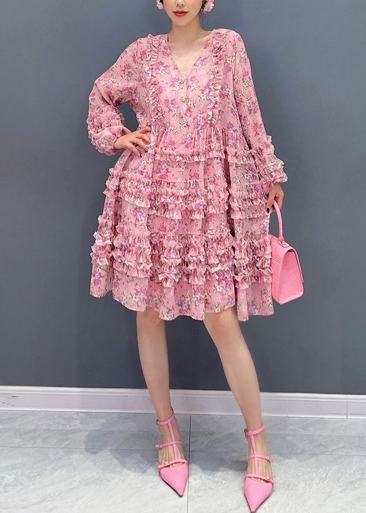 Pink V Neck Ruffled Patchwork Print Chiffon Mid Dress Long Sleeve