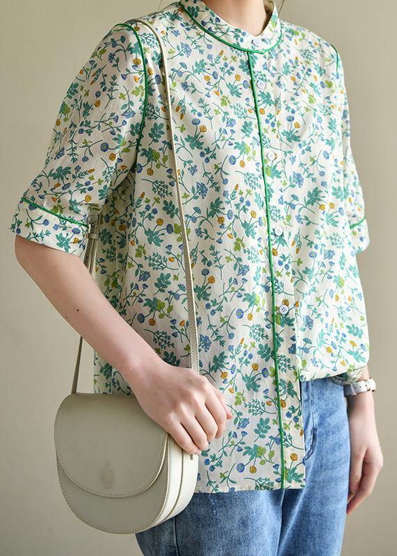 Short Sleeve Green Print Cotton Blouses