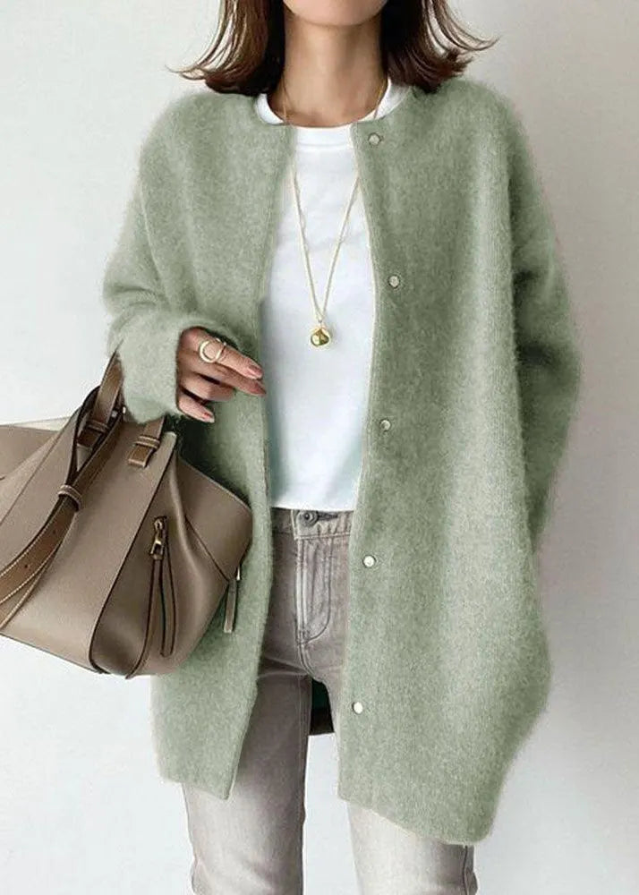 Loose Coffee O Neck Button Woolen Coat Spring