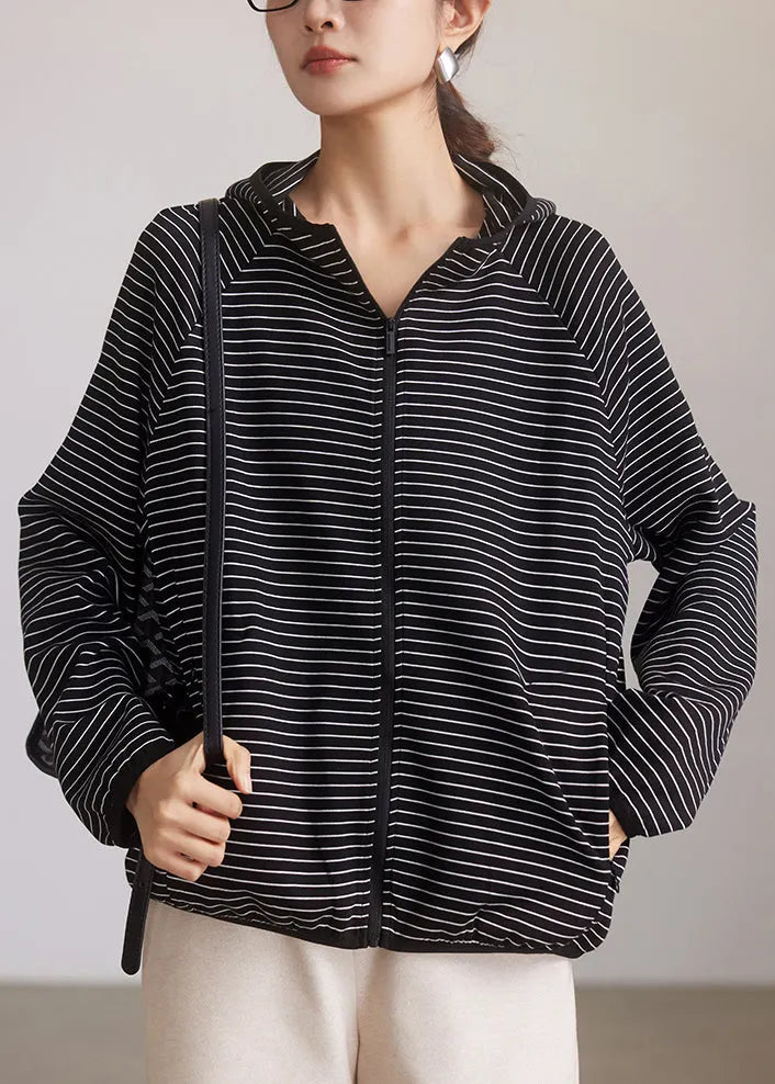 Striped Hooded Zippered Pockets Cotton Coat Spring
