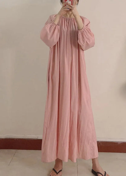 Pink Wrinkled Pockets Maxi Dress Long Sleeve