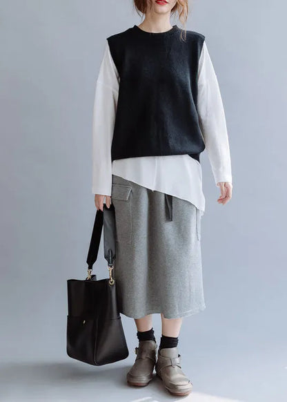 Modern Grey Elastic Waist Pockets Cotton Skirt Fall