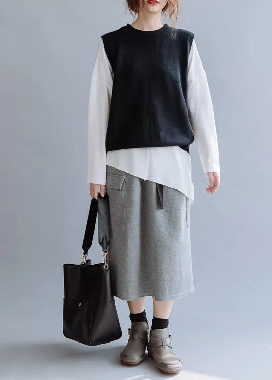 Modern Grey Elastic Waist Pockets Cotton Skirt Fall