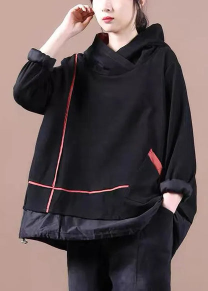 Black Striped Hooded Patchwork Warm Fleece Pullover Sweatshirt Winter