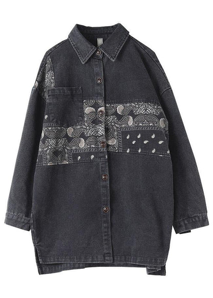 Black Peter Pan Collar Button Print Fall Long Sleeve Blouse Tops