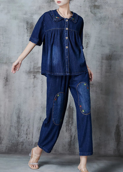 Navy Embroidered Patchwork Denim Two Pieces Set Summer