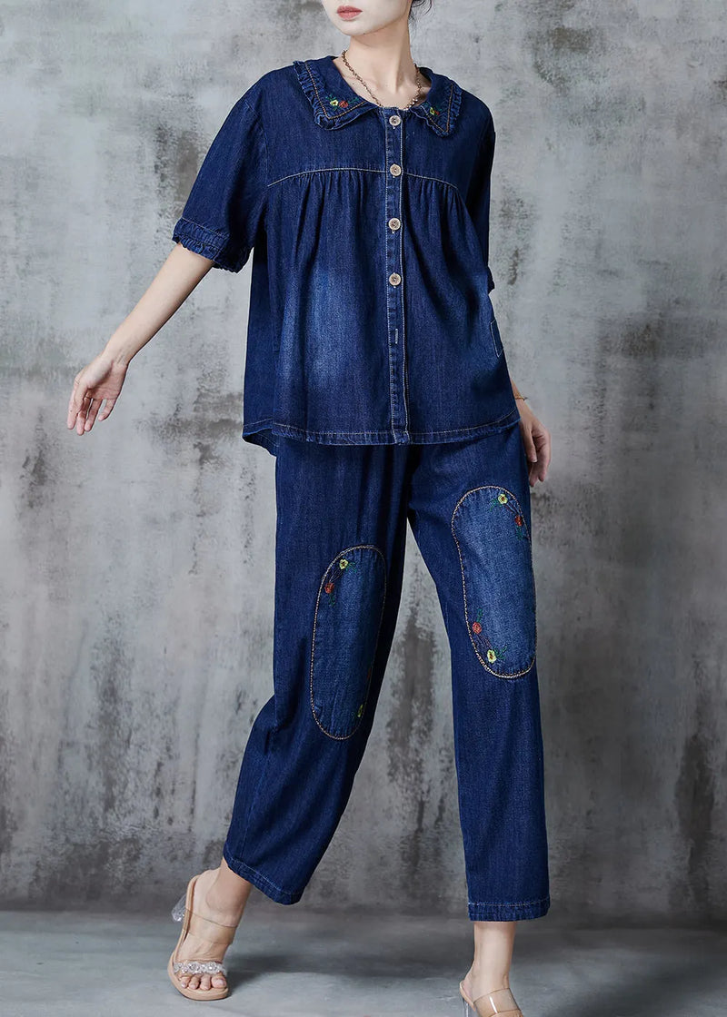 Navy Embroidered Patchwork Denim Two Pieces Set Summer