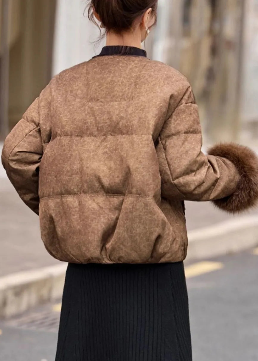 New Coffee Fur Patchwork Duck Down Short Coat Winter
