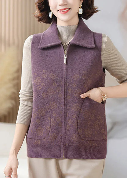 Purple Pockets Patchwork Knit Waistcoat Sleeveless