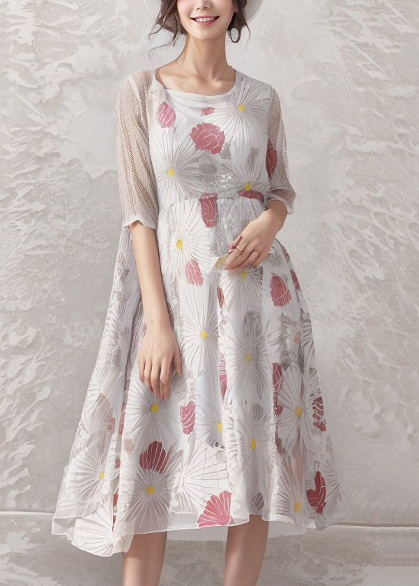 New White O-neck Print Silk Dress Half Sleeve