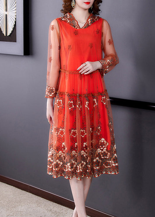 Vogue Orange Embroideried Tulle Hooded Long Dresses Spring