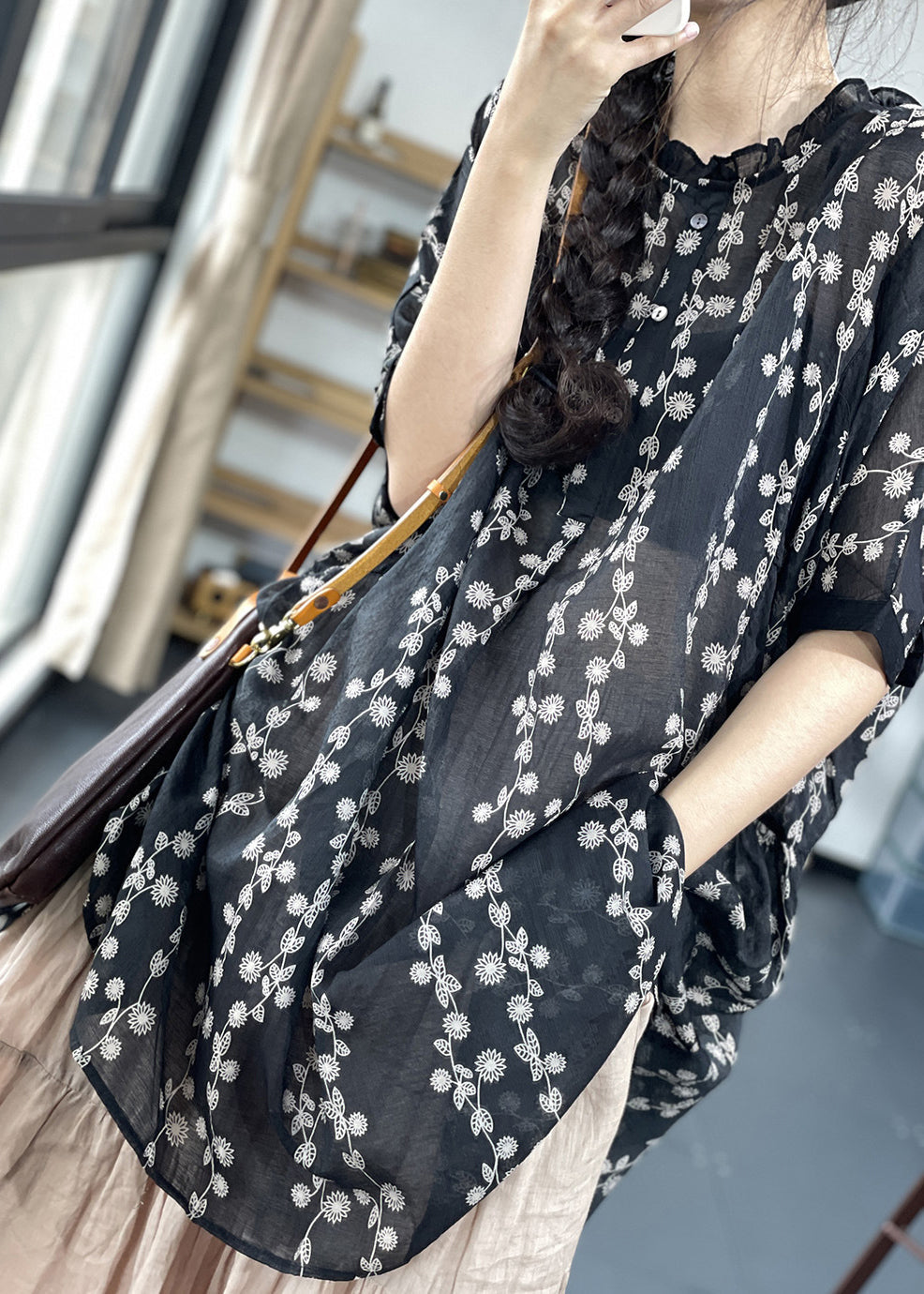 Black Stand Collar Side Open Print Shirt Top Short Sleeve