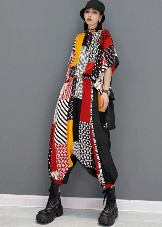 Colorblock Patchwork Print Tops and Harem Pants Two Piece Outfit Summer