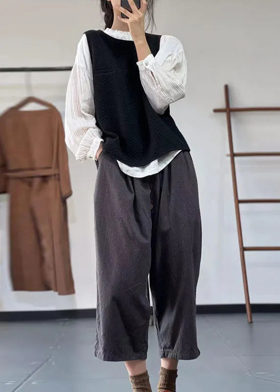 Italian Black O-neck Plaid Cotton Vest Sleeveless