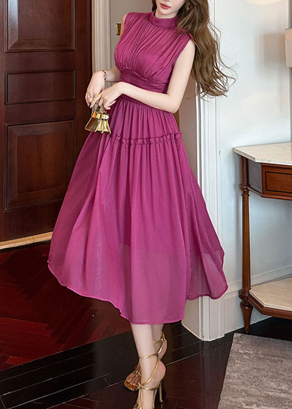 Purple Stand Collar High Waist Chiffon Holiday Maxi Dress Sleeveless