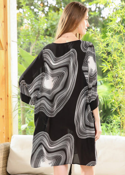 Style Black O-neck Oversized Print Chiffon Robe Dresses Batwing Sleeve