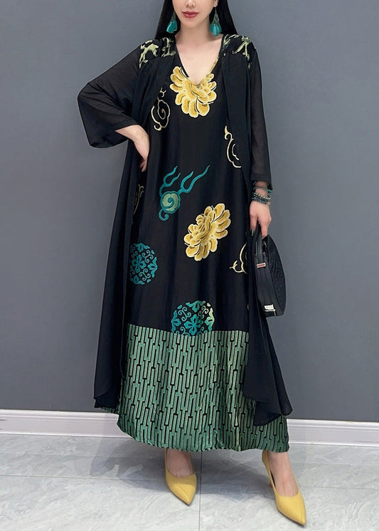 Loose Black V Neck Fake Two Piece Printed Dress for Summer