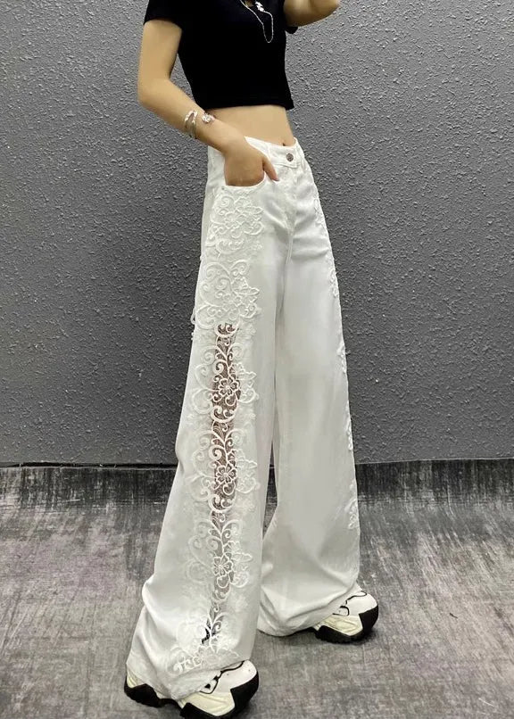 Style White Hollow Out Lace Patchwork Denim Straight Pants Fall
