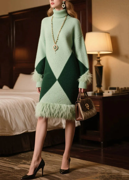 Classy Lake Green Turtle Neck Patchwork Faux Fur Knitted Dress Winter