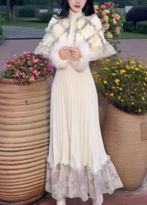 Classy White Ruffled Patchwork Cape and Dress Knit Two Pieces Set Spring