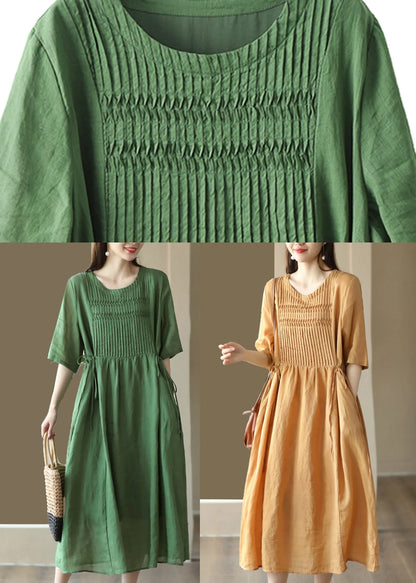 Simple Yellow O-neck Patchwork Linen Long Dresses Summer