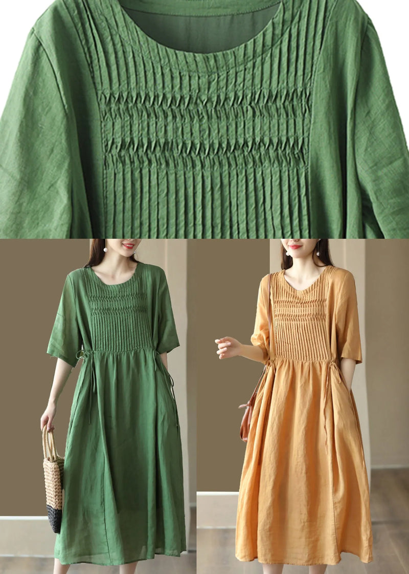 Simple Yellow O-neck Patchwork Linen Long Dresses Summer