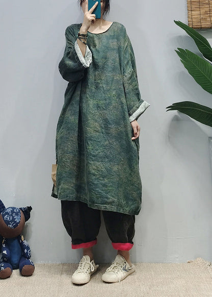 Loose Green O-neck Side Open Linen Dresses Caftan Long Sleeve