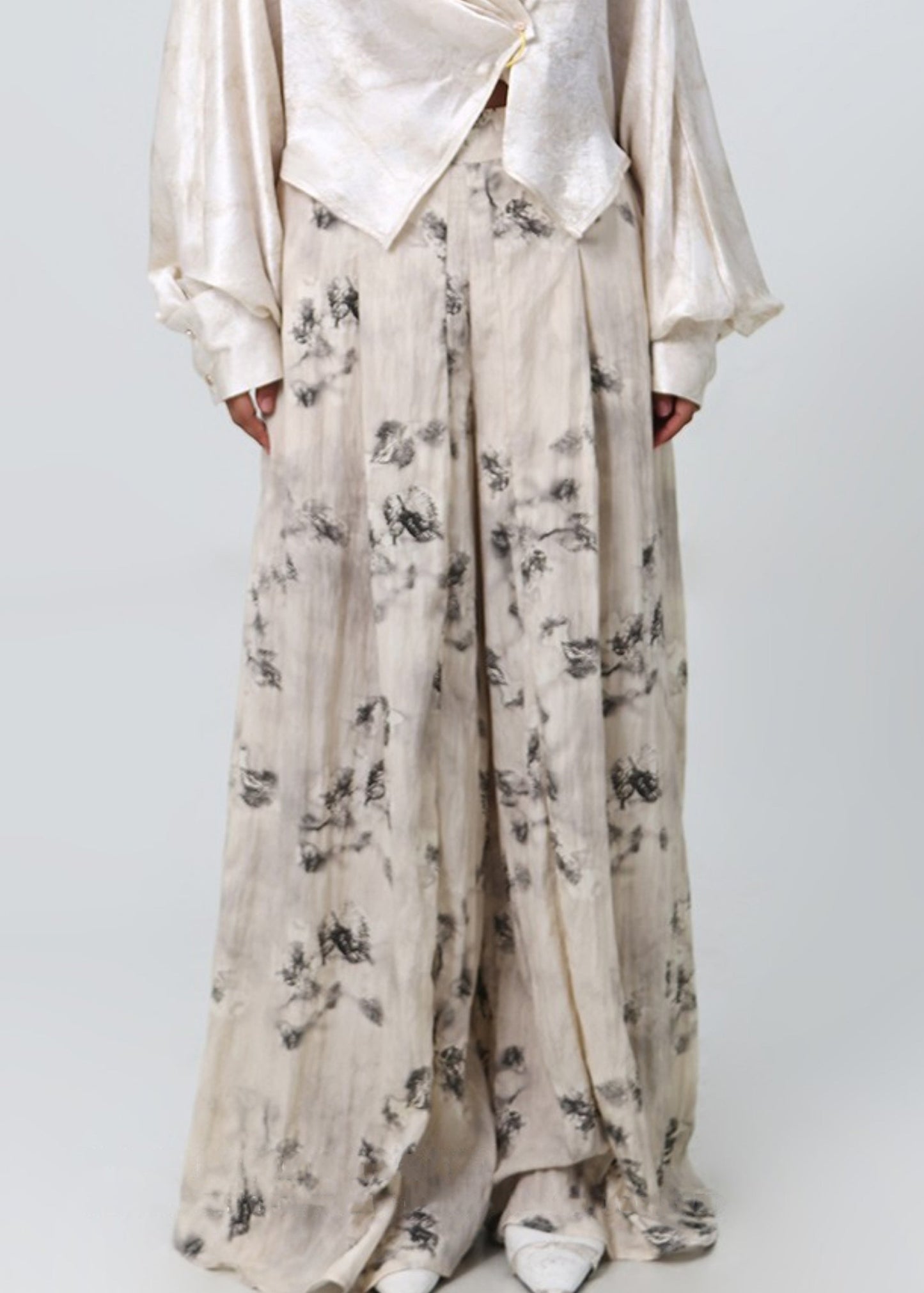 Print Pockets High Waist Cotton Wide Leg Pants Spring