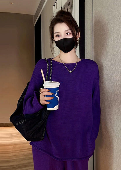 French Purple O Neck Knit Sweaters and Pants Two Pieces Set Fall