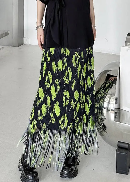 Stylish Green Print Tasseled Patchwork Cotton Maxi Skirts Summer