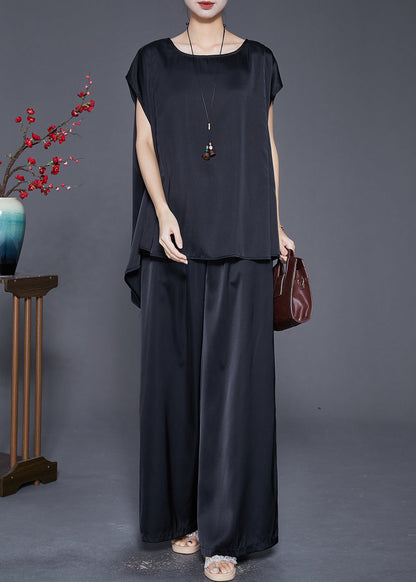 Black Oversized Draping Ice Silk Two Pieces Set Sleeveless