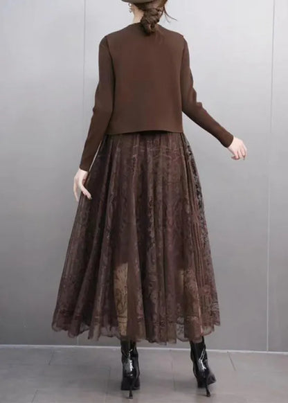 Coffee O-neck Waistcoat and Lace Maxi Skirts Two Pieces Set Spring