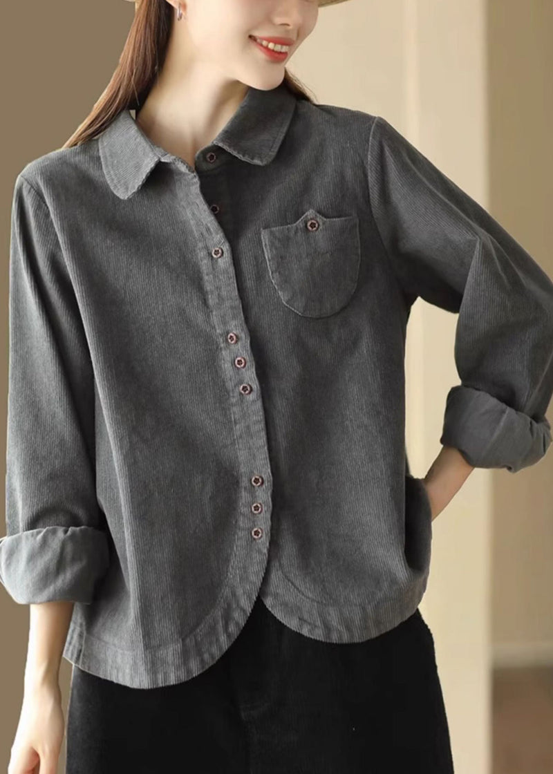 French Green Button Pockets Corduroy Blouses Long Sleeve Spring
