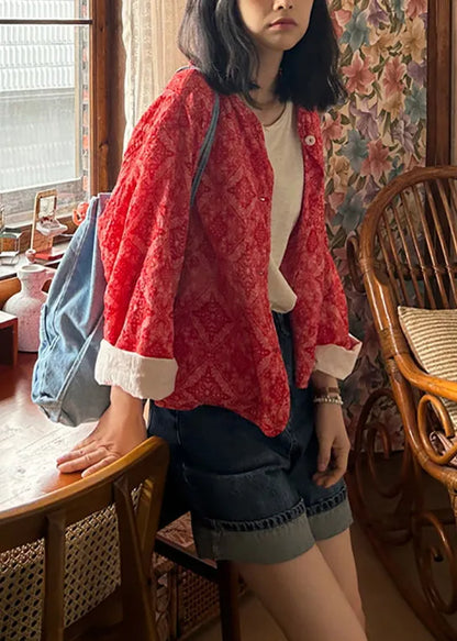 French Red Print Button Cotton Coats Fall