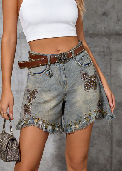 Pockets Rivet Tassel Denim Shorts Summer