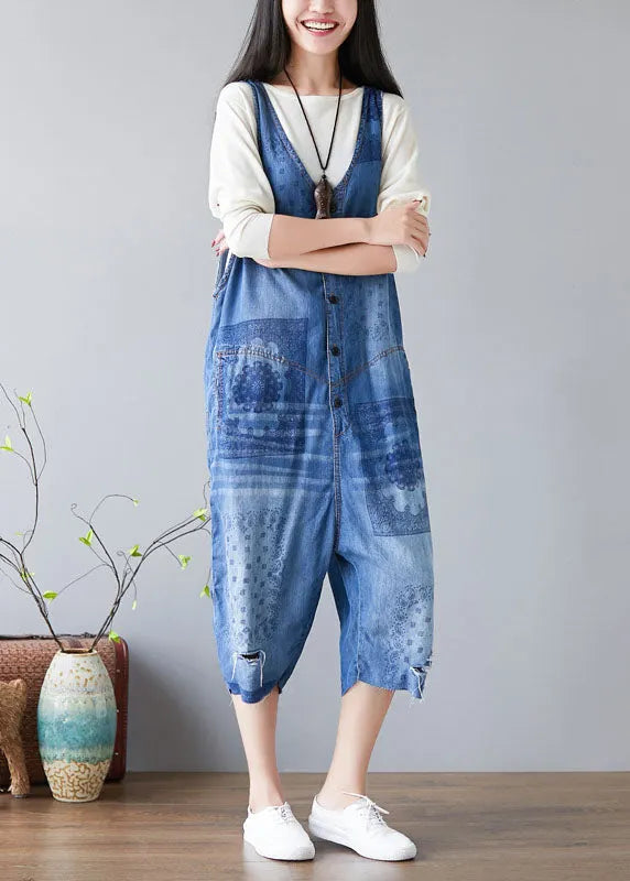 Handmade Light Blue Pockets V Neck Print Jumpsuit Spring