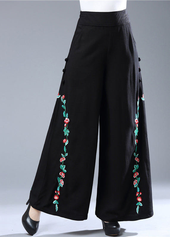 Modern Black Embroideried Elastic Waist Wide Leg Pants Fall