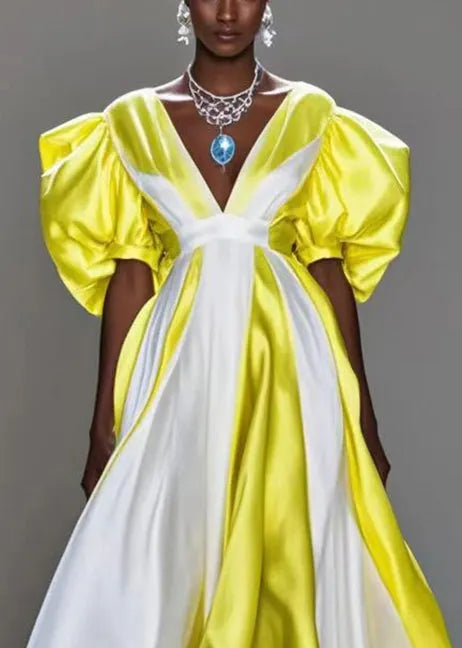 Diy Colorblock Puff Sleeve Patchwork Exra Large Hem Silk Maxi Dresses