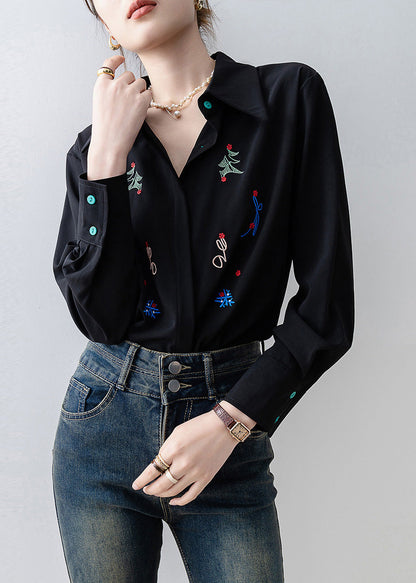 Black Embroidered Chiffon Blouse Tops Spring