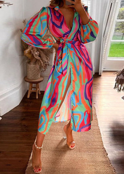 White Orange Asymmetrical Tie Waist Maxi Dresses Long Sleeve