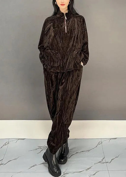 Loose Brown Zippered Tops and Crop Pants Silk Velvet Two Pieces Set Winter