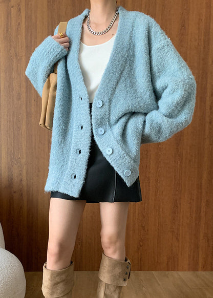 Blue V Neck Button Woolen Cardigans Fall