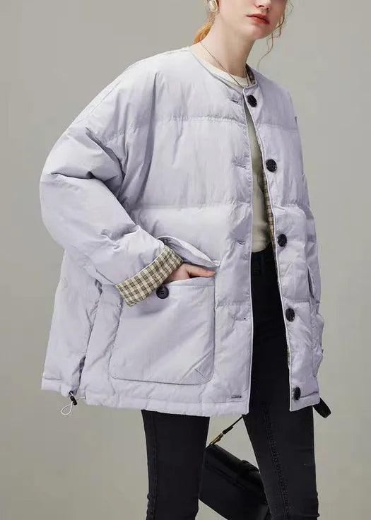 Loose Purple O Neck Plaid Button Duck Down Puffer Coat Winter