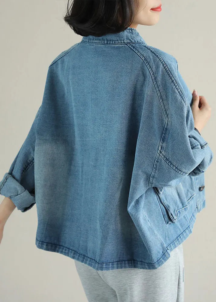 Blue Stand Collar Button Big Pockets Denim Coat Long Sleeve