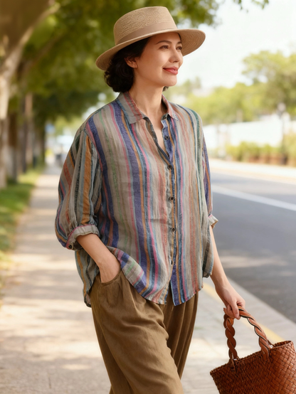 Green Stripe Button Linen Shirt Peter Pan Collar Fall