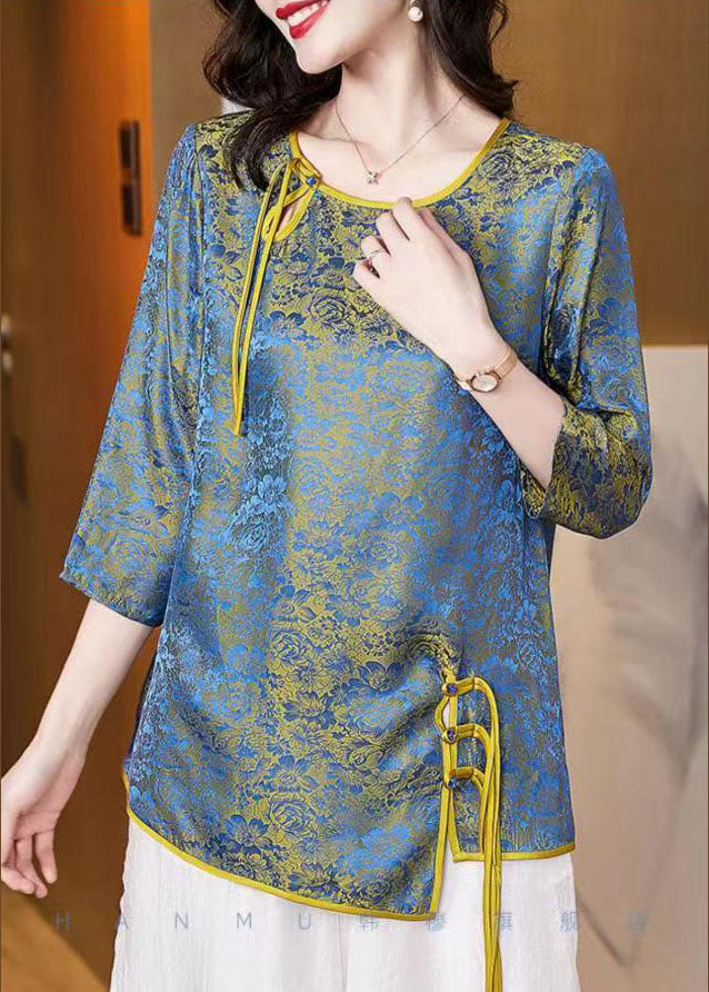 French Blue O-neck Asymmetrical Jacquard Silk Top Half Sleeve