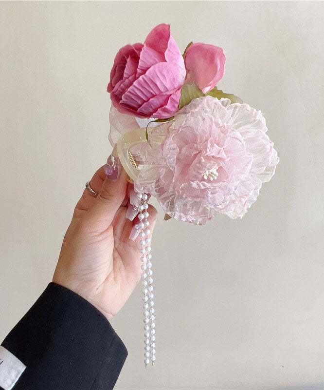 Boutique Fabric Tulle Pearl Tassel Hairpin