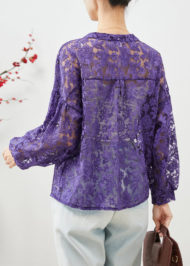 Purple Embroideried Hollow Out Lace Shirts Fall