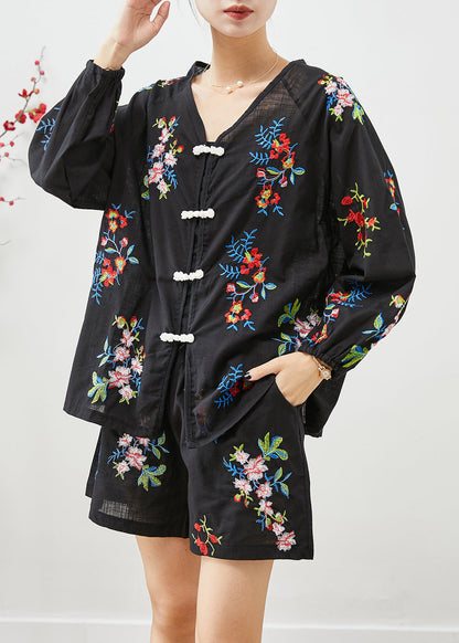 Black Embroideried Chinese Button Cotton Sets 2 Pieces Fall
